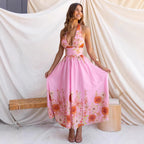 Summer Positioning Elegant Sunflower Printed V neck Waist Controlled Large Hem Dress XUYUN
