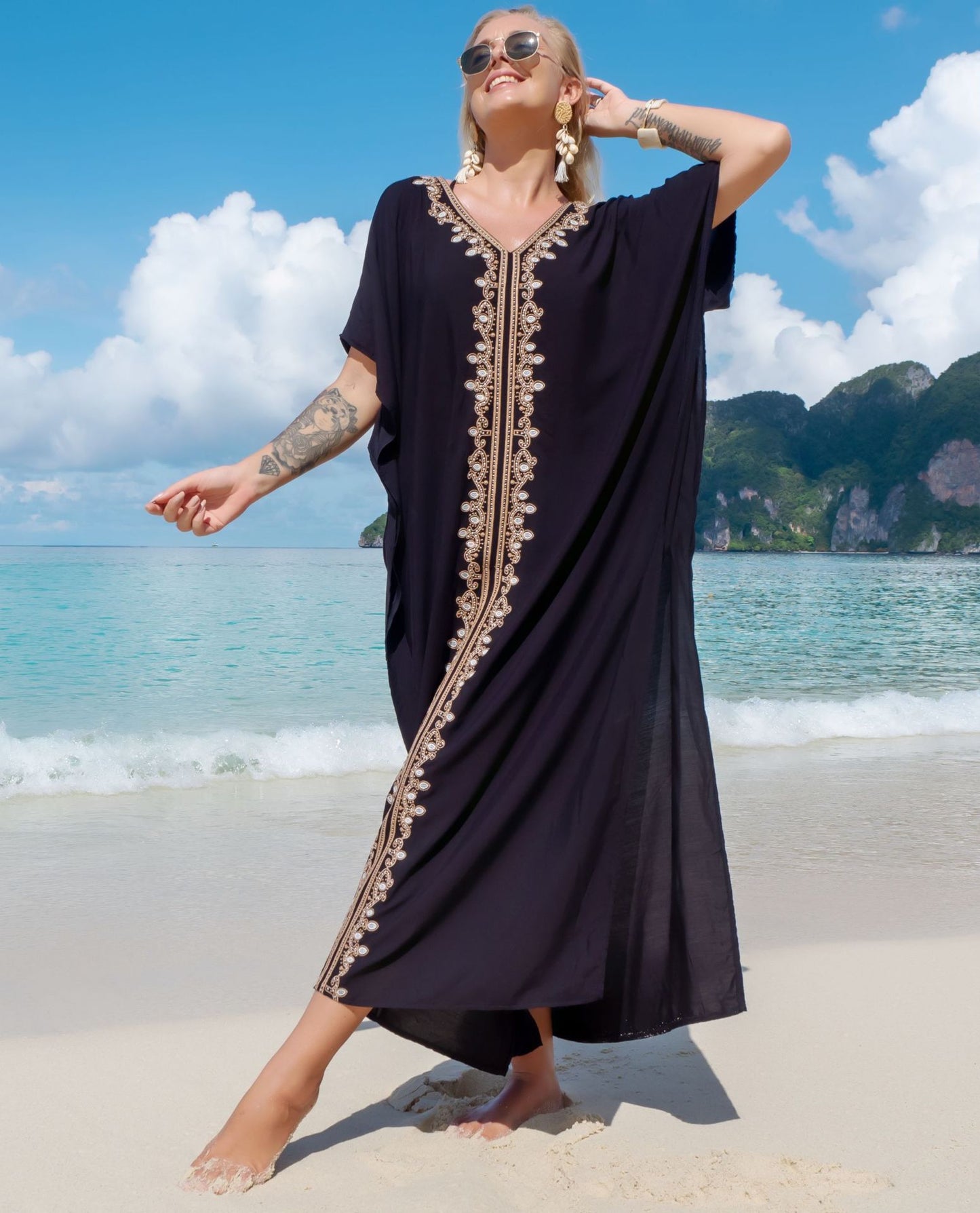 Bata de rayón con bordado de ojales para vacaciones, informal, para playa, bikini