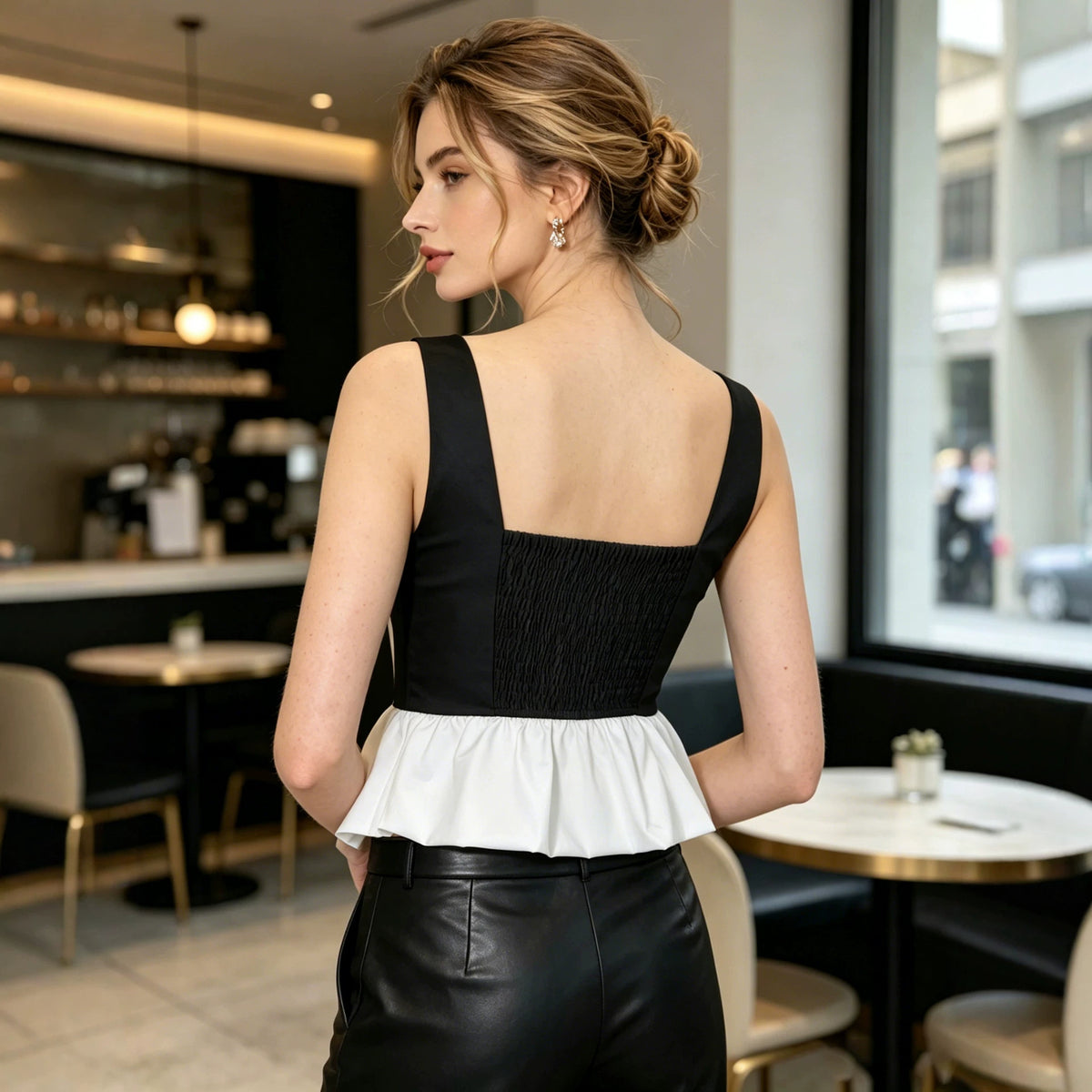 Women Clothing Sleeveless Sling Vest Stitching Pleated Smocking Back Stretch Top Rogan