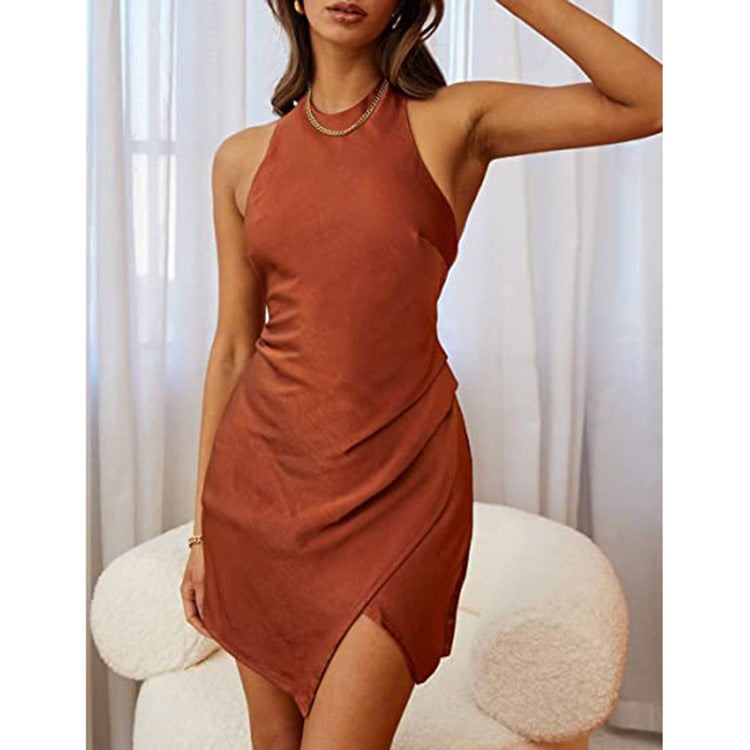 Vestido mini de satén liso con escote halter, espalda descubierta y abertura para mujer