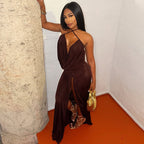 Women Clothing Solid Color Split Asymmetric Wrapped Chest Deep V Plunge neck Sexy Halter Dress Kinci