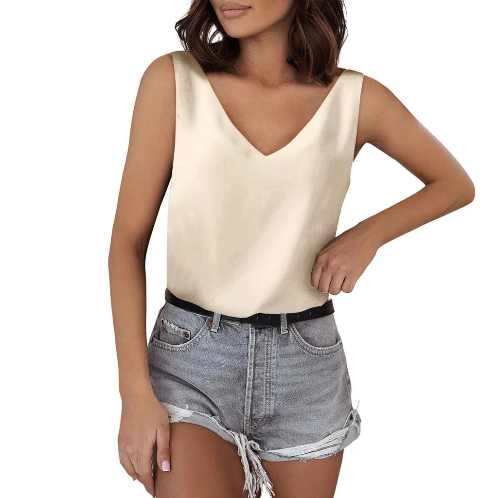 Débardeur en satin uni, col V, coupe décontractée, sans manches, basique d'été
