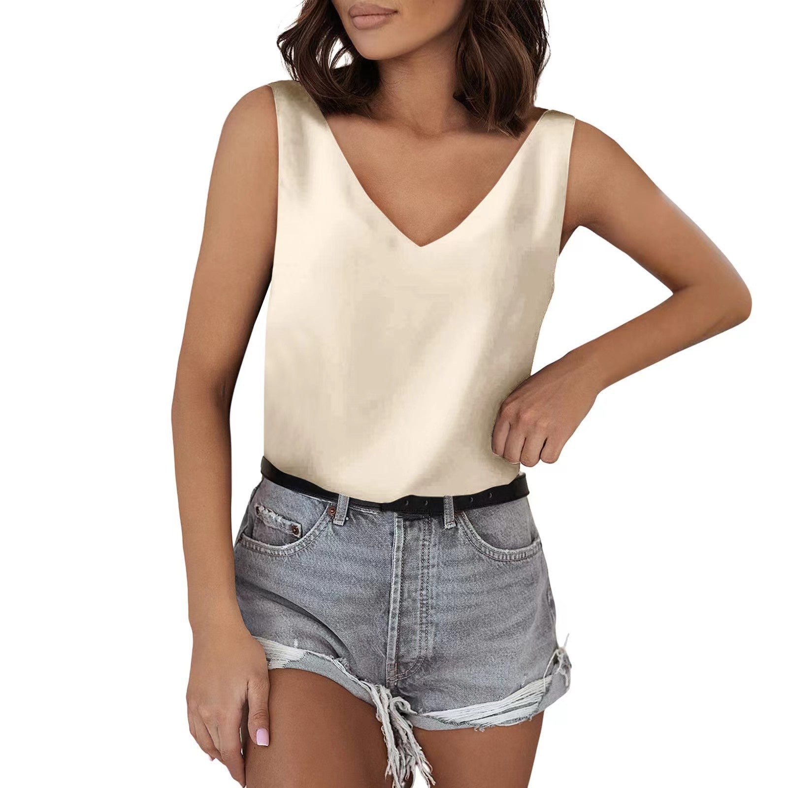 Débardeur en satin uni, col V, coupe décontractée, sans manches, basique d'été