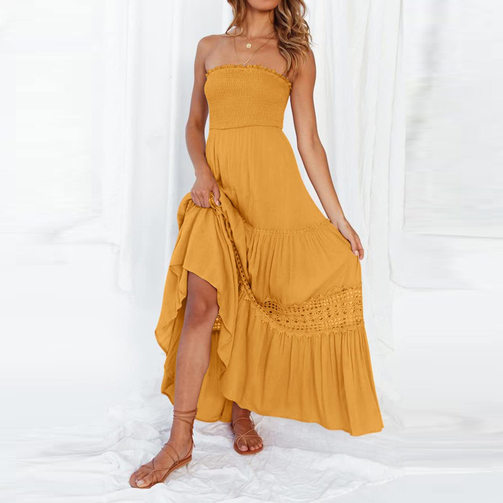 Solid Color Tube Top Hem Long Sleeveless Retro Bohemian Waist Tight Dress FDmgqti
