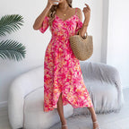Spring Summer Strapless Cross V neck Floral Strap Dress Holiday Dress Women Clothing BAGIISA