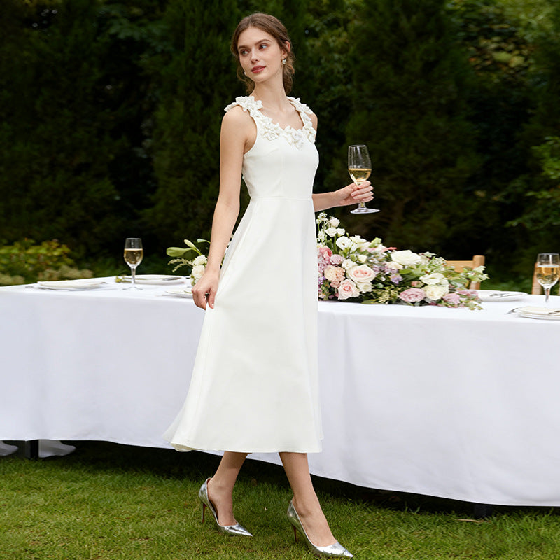 Fall Elegant Elegant Sweet Heavy Industry Three Dimensional Floral Long Patchwork Strap Dress for Women Sailfish