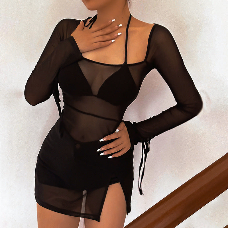 Summer Women Clothing Refreshing Slim Fit Square Collar Sexy Mesh See through Beach Cover Up Slim Fit Sexy LaceCH