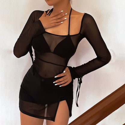 Summer Women Clothing Refreshing Slim Fit Square Collar Sexy Mesh See through Beach Cover Up Slim Fit Sexy LaceCH