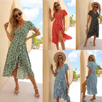 Summer Sexy Chiffon Printed V-neck Dress Ruffled Beach Dress Swintager