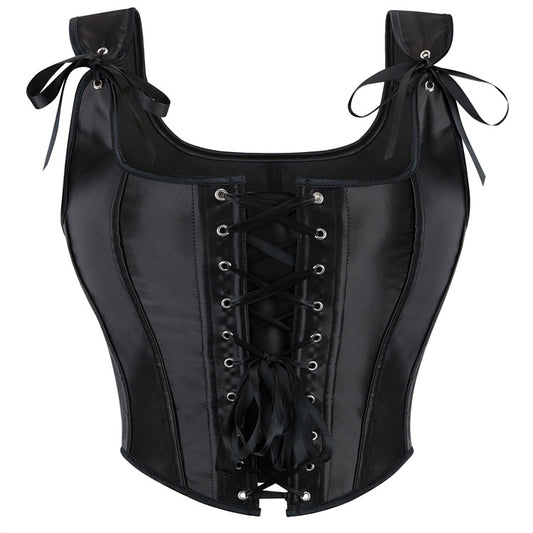 Diseño de corsé de satén negro sexy con cordones que soporta los senos, push up, corte entallado, chaleco dulce y fresco, ropa exterior, espalda