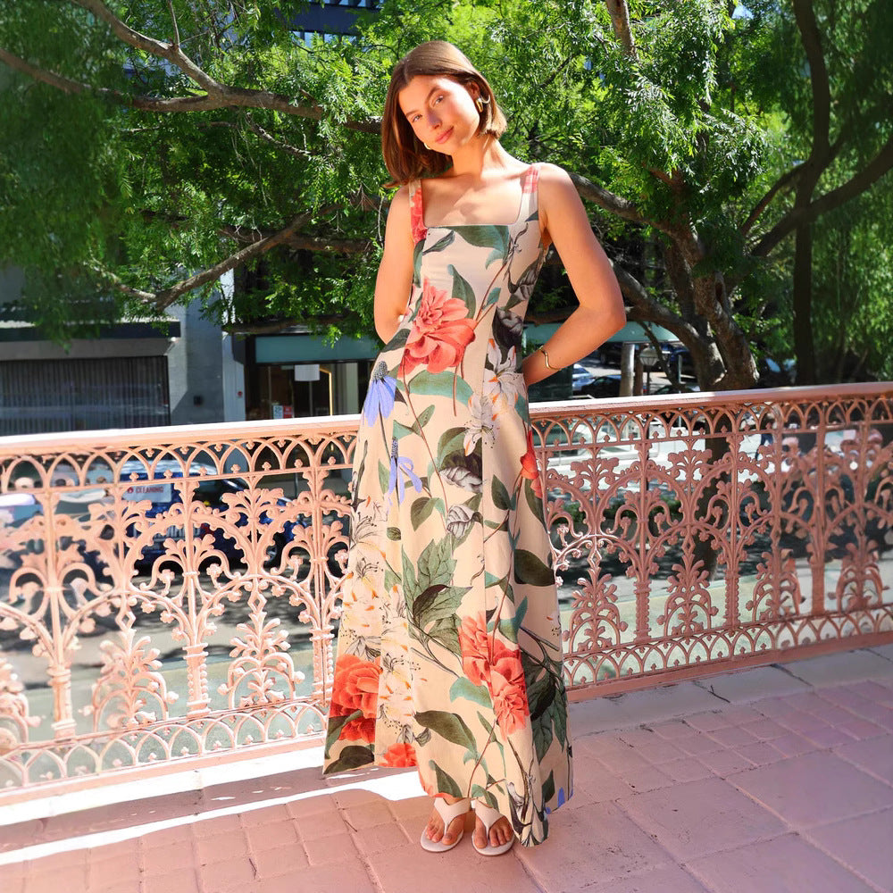 Summer Dress Printed Spaghetti Straps Slimming Dress XUYUN