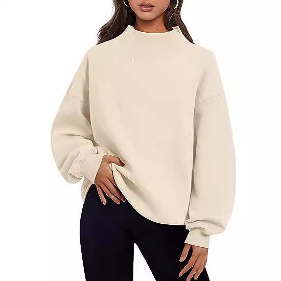 Camisa informal de polar para mujer, sudadera holgada de cuello alto medio grueso para otoño e invierno