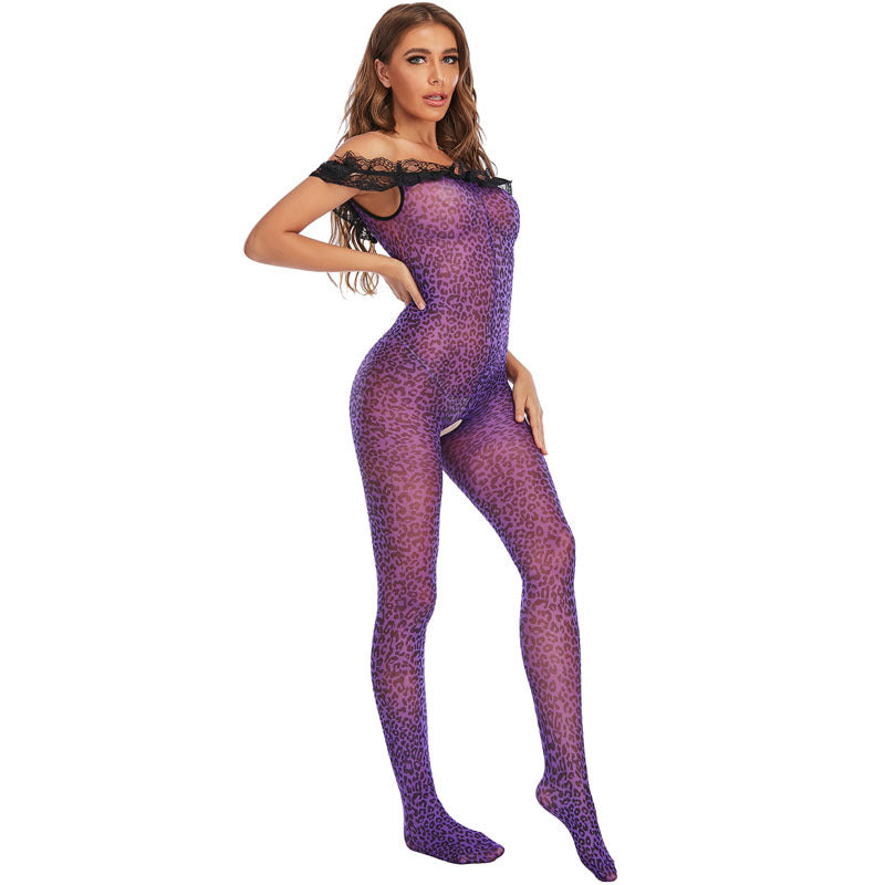 Leopard Print Cold-Shoulder Sleeveless Lace Trim Jumpsuit Sexy Suit