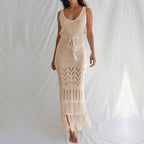 Sunscreen Beach Dress Hollow Out Cutout out Strap Women Maxi Dress with Tassel Bikini Swimsuit Blouse