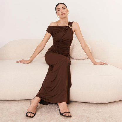 Spring Summer Women Sexy Diagonal Collar High Waist Figure Flattering Sheath Solid Color Dress