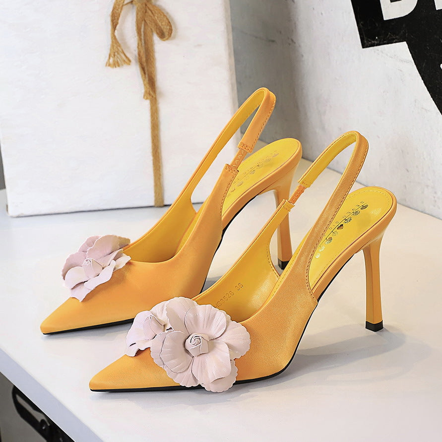 Cocktail Hollow Out Cutout out Back Strap Pointed Stiletto Heel High Heels Color Blocking Floral Women Shoes Shallow Mouth Pumps ForestFootwear