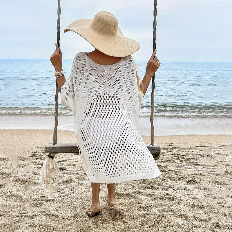 Women Clothing Solid Color Knitted Beach Knitted Sexy Long Sleeved Blouse Sun Protective Clothing Mangar