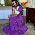 Women Clothing French Peter Pan Collar Short Sleeve Dress Purple Floral Tie Neck Slimming Dress Kigali