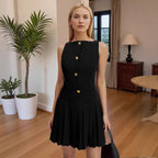 Spring Summer Simple Women Clothing Personalized Wide Hem Pleated Waist Tight Solid Color Sleeveless Short Dress Rogan