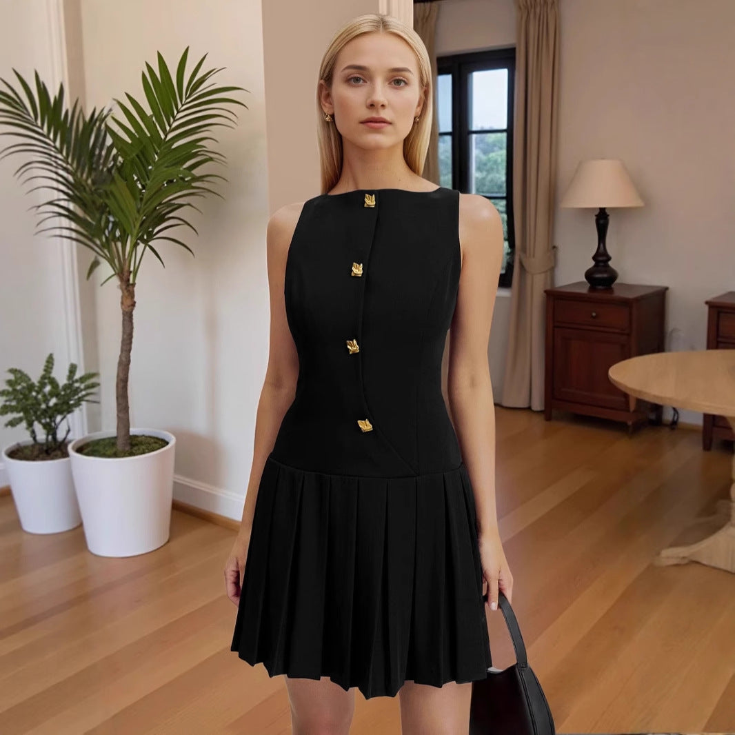 Spring Summer Simple Women Clothing Personalized Wide Hem Pleated Waist Tight Solid Color Sleeveless Short Dress Rogan