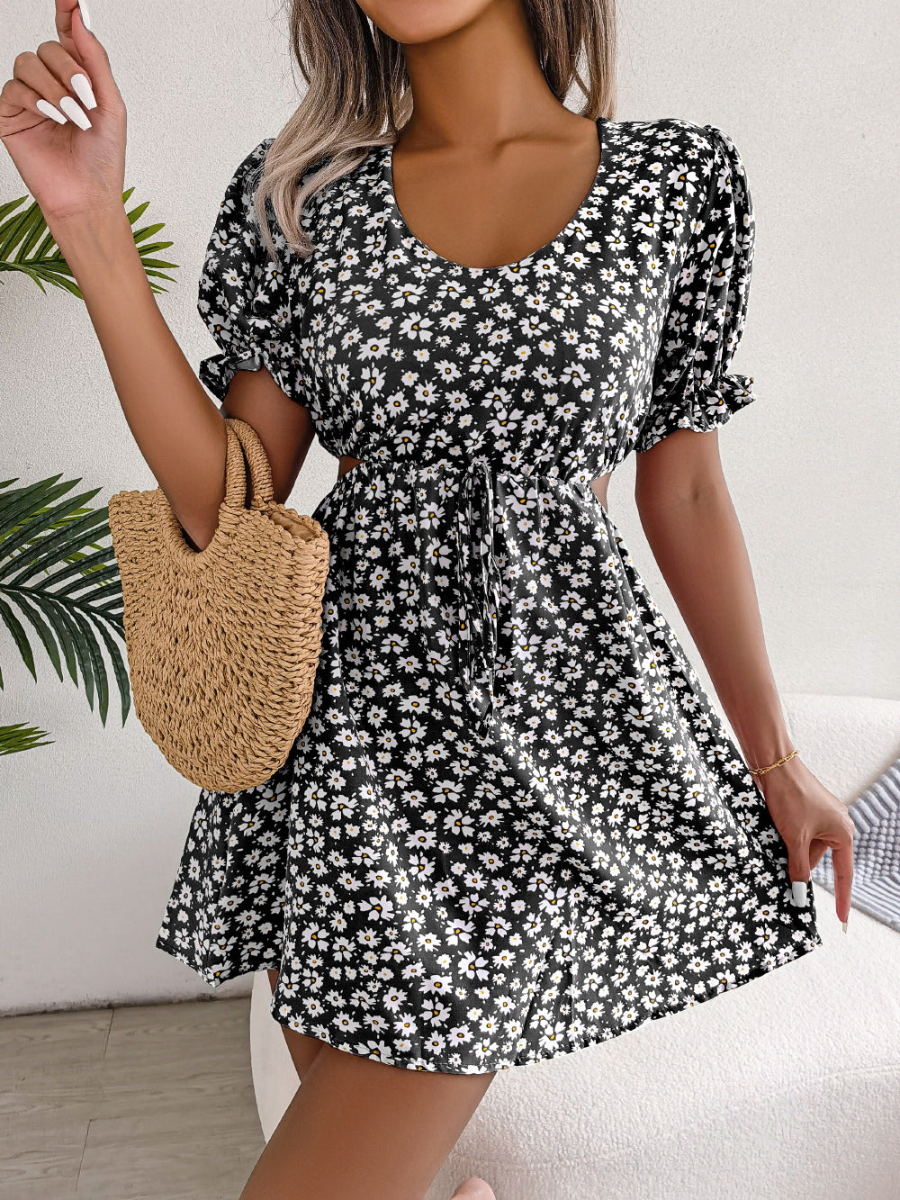 Spring Summer Casual Hollow Out Cutout out Tied Short Sleeve Floral Dress Women Clothing BAGIISA