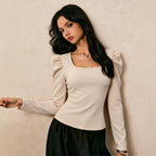 Women Clothing Square Collar Long Sleeved T shirt Women Pleated Waist Tight Slimming Elegant Bottoming Top Yiskiss