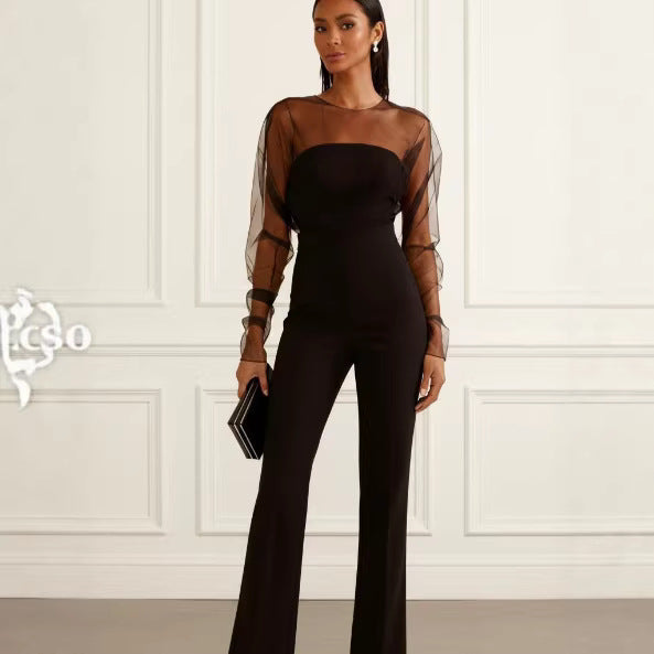 Women Sexy Tube Top Mesh Stitching Slim Fit Hip Raise Jumpsuit Trousers Venly