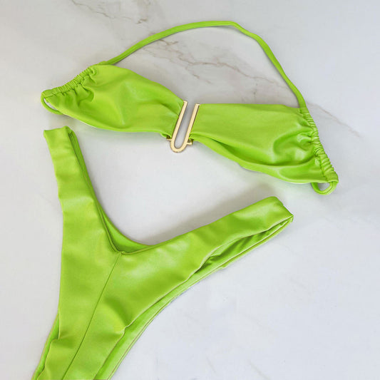 Bikini de cintura baja con abertura alta y color sólido fresco, traje de baño sexy dividido para mujer