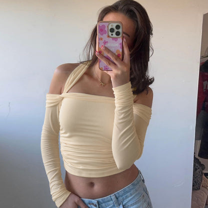 Women Clothing Autumn Sexy off Neck Solid Color Halter Cropped Long Sleeve Top for Women