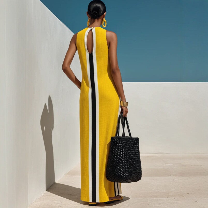 Sleeveless Vertical Striped Maxi Dress Women Autumn Linen Vest Seaside Vacation Dress Gemi