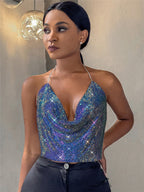 Women Clothing Low Cut Backless Metal Sequ Chain Strap Deep V Plunge Cropped Tank Top Women Clothing Hadid