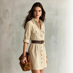 Elegant Long Sleeve Casual Pocket Button Shirt Short Dress with Belt Venly