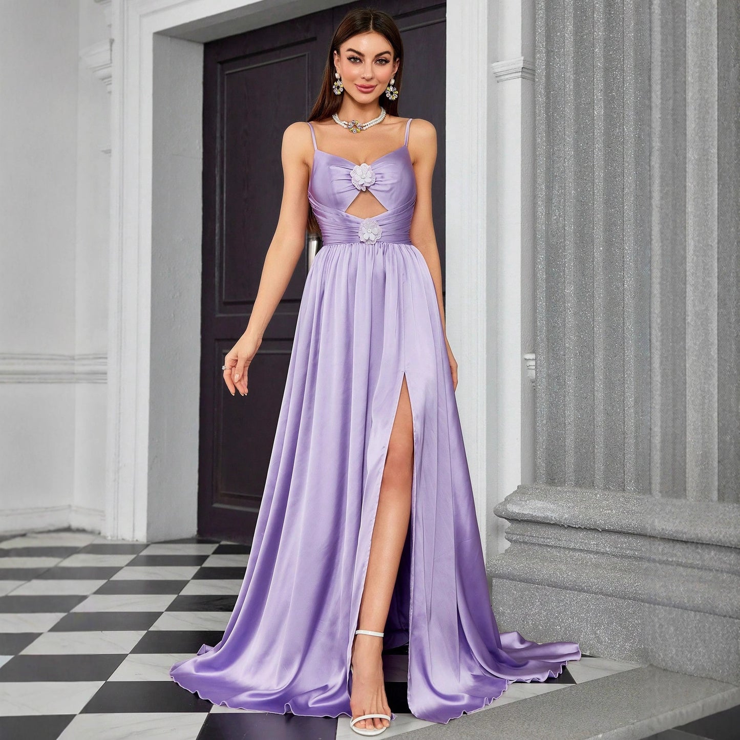 Sexy Sling Evening Dress Birthday Prom Party Hollow Out Cutout Dress Slim Slit Dress