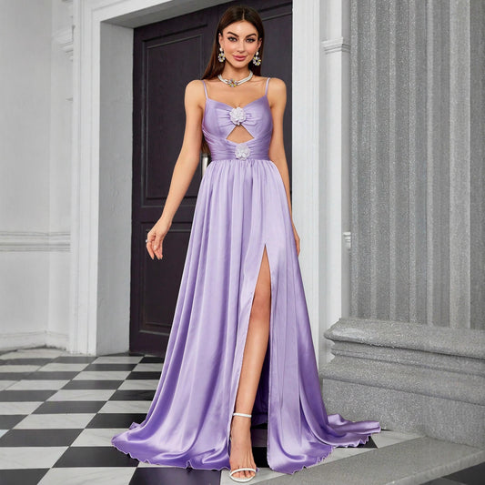 Sexy Sling Evening Dress Birthday Prom Party Hollow Out Cutout Dress Slim Slit Dress