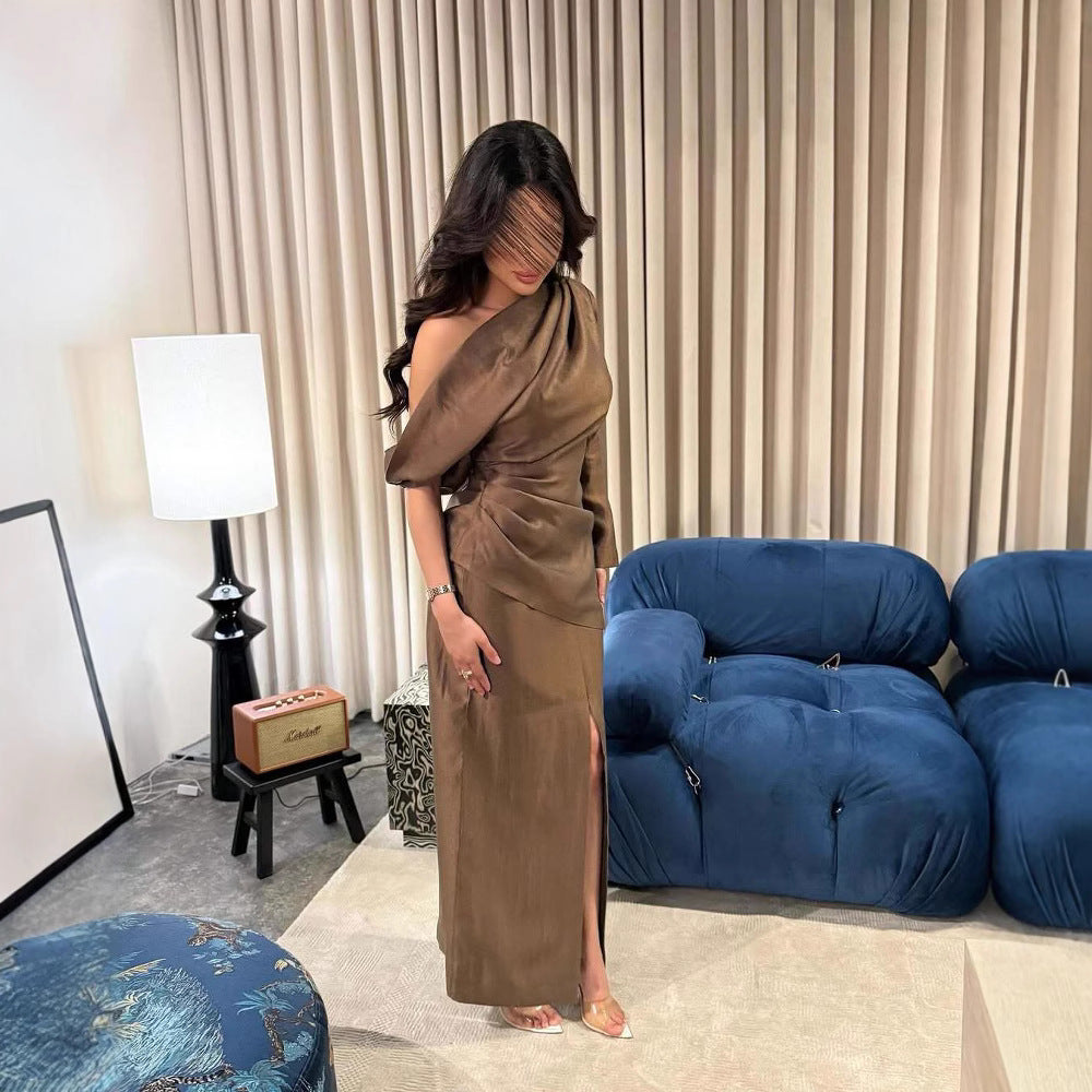 Spring Summer Elegant Retro One Shoulder Pleated Slim Slit Dress RMAI