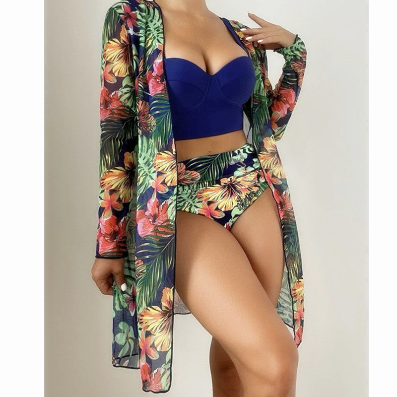 Sexy Mesh Bikini Three Piece Push up Split Printed Swimsuit for Women