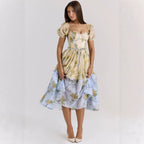 Bubble Sleeve Women Floral Floral Print Pleated Women Dress XINXI