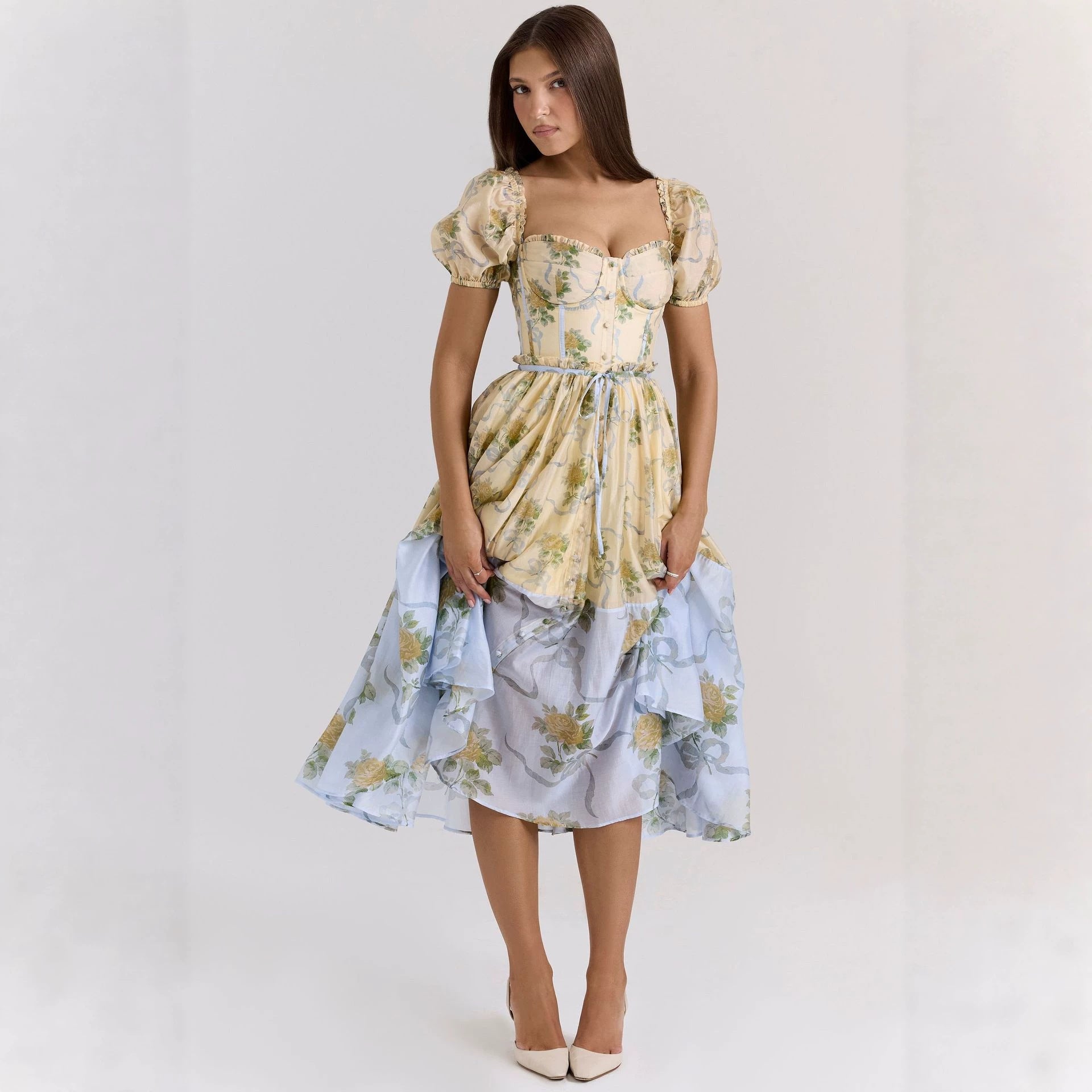 Bubble Sleeve Women Floral Floral Print Pleated Women Dress XINXI