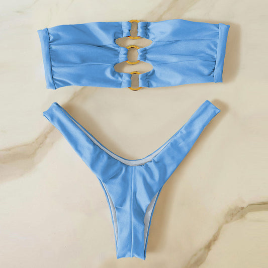 Bikini de cintura baja con abertura alta de color sólido, traje de baño sexy dividido para mujer