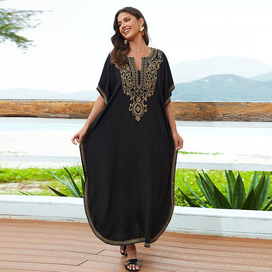 Rayon Embroidery Beach Cover up Embroidered Robe- Loose Vacation Sunscreen Beach Cover Up