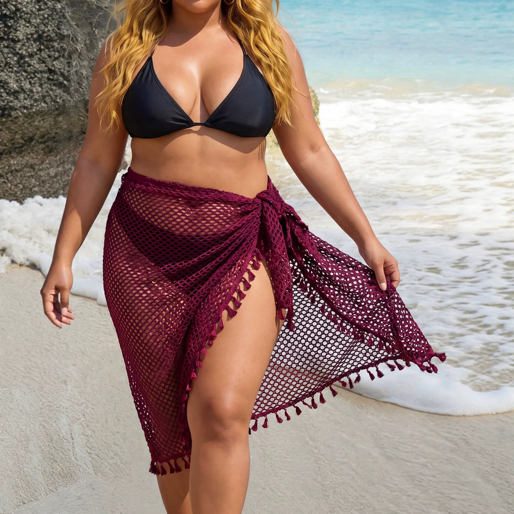 Seaside Vacation Beach Shawl Women Clothes Tassel Stitching Sexy See through Beach Dress Blouse Oyimi