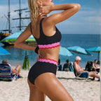 Bikini Black Background Pink Wave Ruffled High Waist Split Swimsuit Set for Women ShineRealm