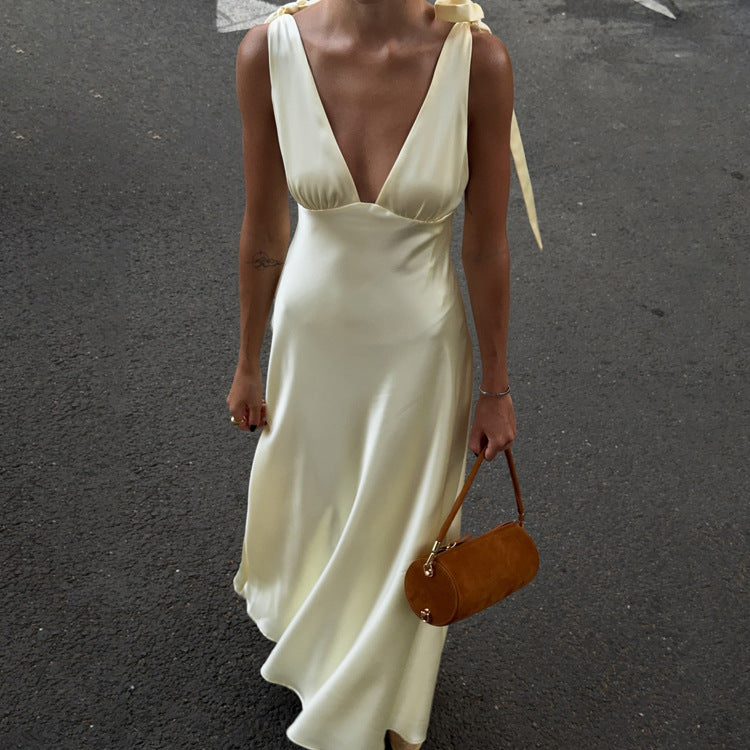 Summer V neck Sexy Backless Lace up Sleeveless Dress Women French High Waist Sheath Dress Kigali