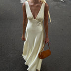 Summer V neck Sexy Backless Lace up Sleeveless Dress Women French High Waist Sheath Dress Kigali