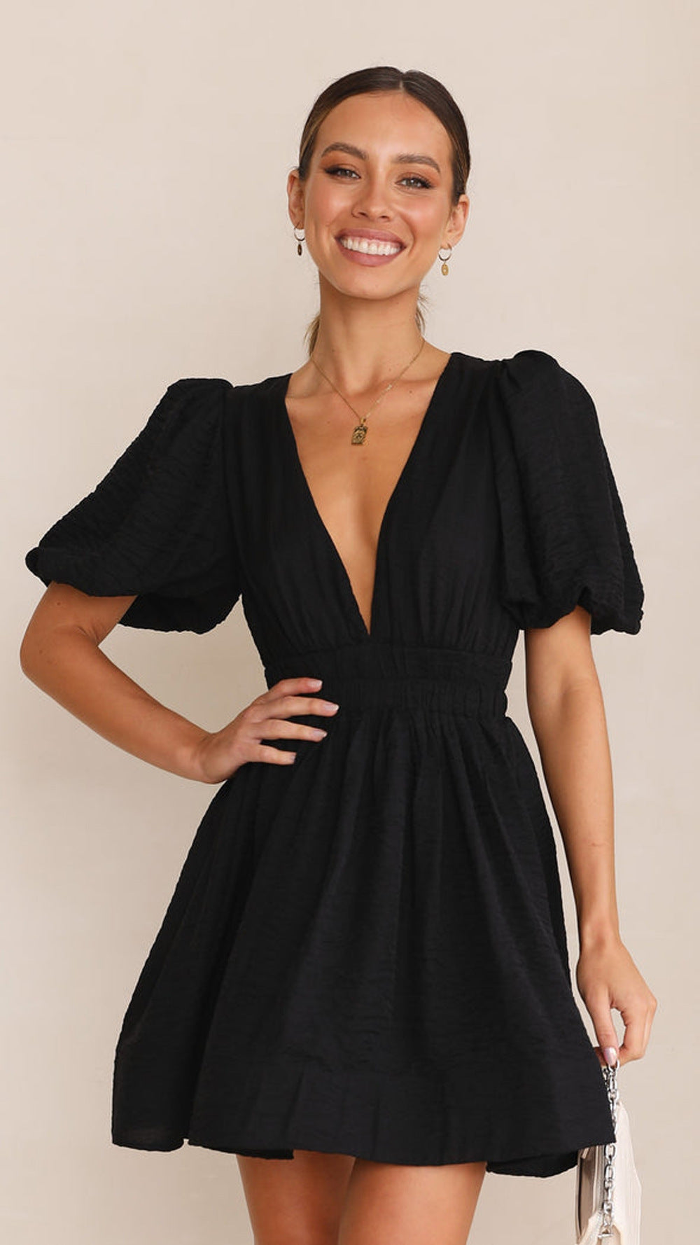 dress Sexy V neck Lantern Sleeve Waist-Tight Princess Dress Women Short Sleeve Dress DREAMCHIN