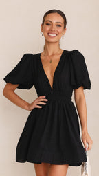 dress Sexy V neck Lantern Sleeve Waist-Tight Princess Dress Women Short Sleeve Dress DREAMCHIN