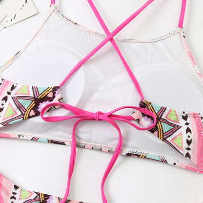 Traje de baño de bikini con bolsillos triangulares divididos con tabla fija con impresión digital para mujer, traje de baño de playa para natación