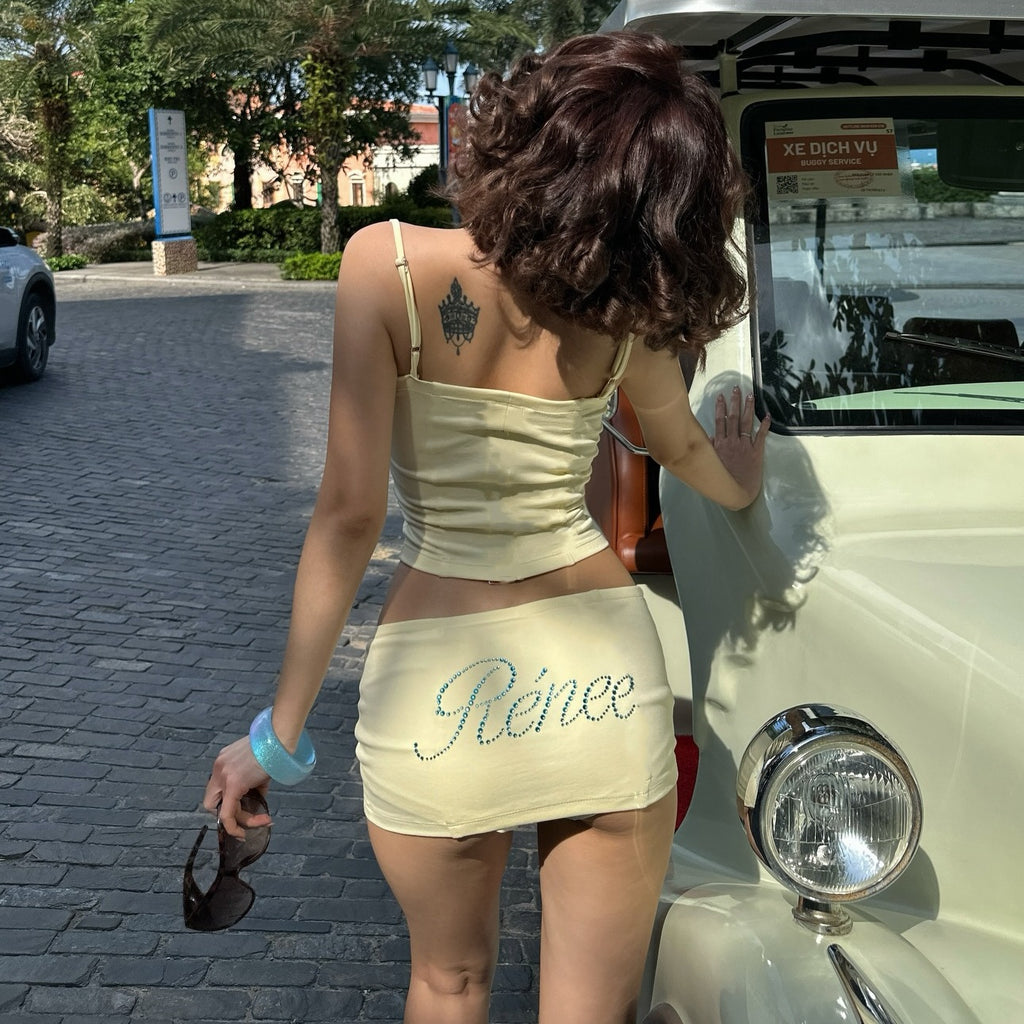 Women Clothing Summer Sexy Camisole Low Waist Printed Hip Skirt Set Burgatti