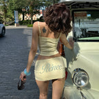 Women Clothing Summer Sexy Camisole Low Waist Printed Hip Skirt Set Burgatti
