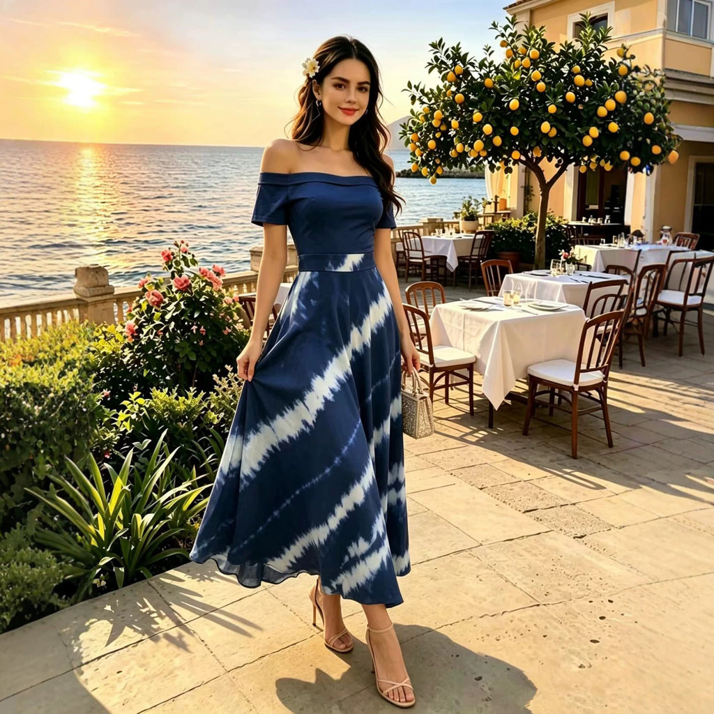Printed Spring Summer off Shoulder Elegant Short Sleeve Slim Women Dress Inly